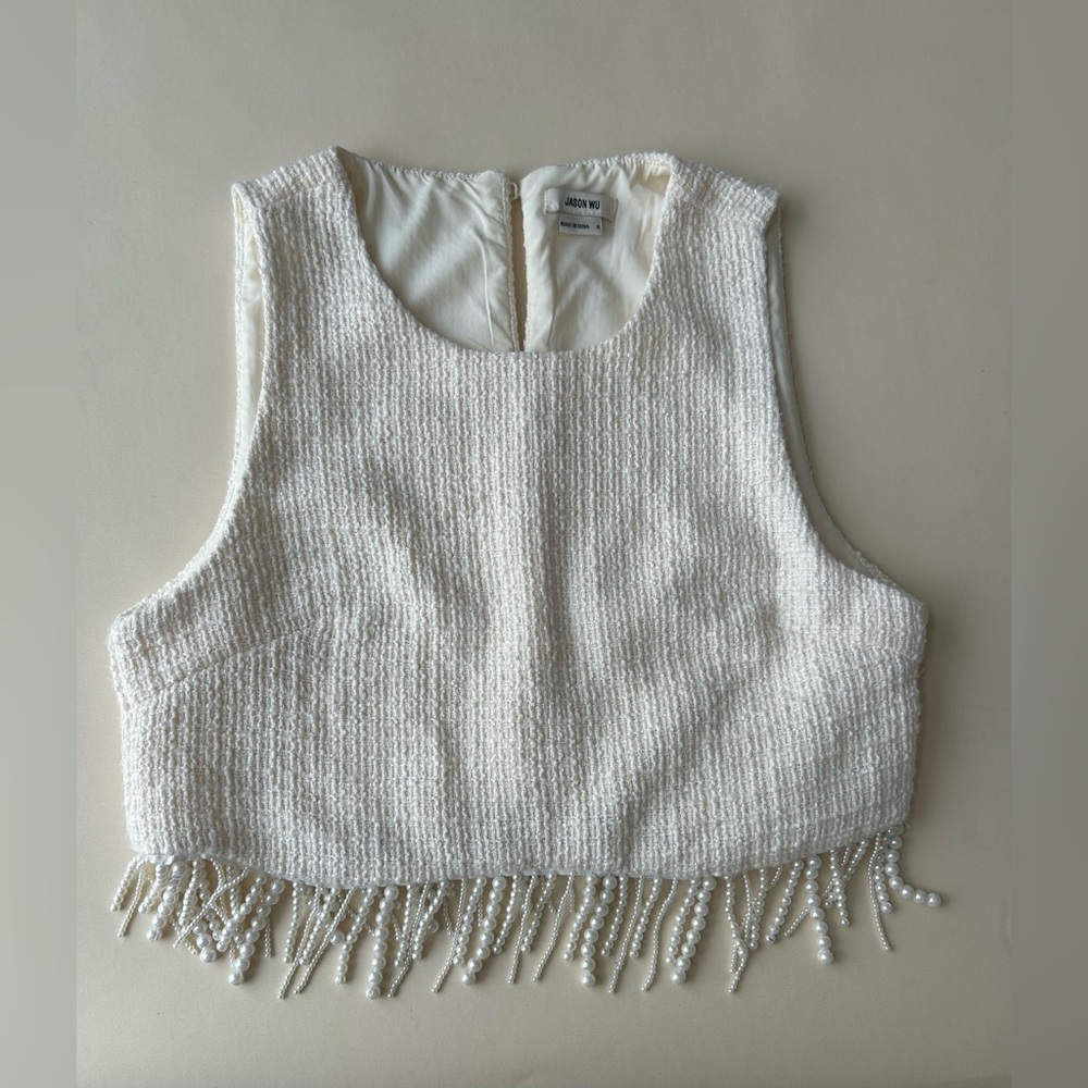 Jason Wu White Textured Pearl-Trim Crop Top